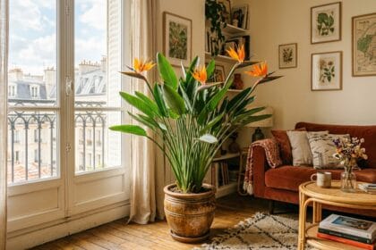 Oiseau du paradis (Strelitzia reginae) en fleur dans un salon lumineux