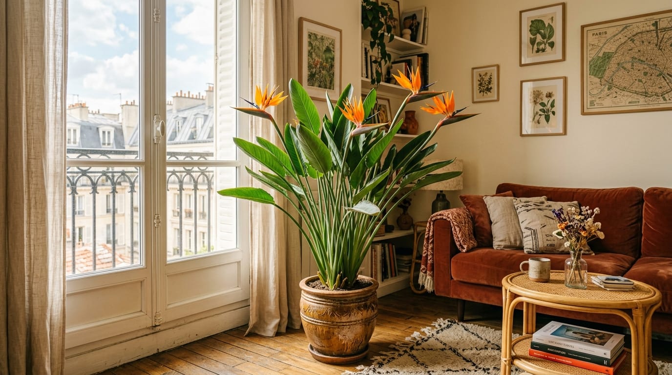 Oiseau du paradis (Strelitzia reginae) en fleur dans un salon lumineux