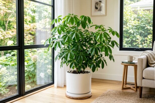Schefflera arboricola arbre ombrelle en pot blanc dans un salon lumineux