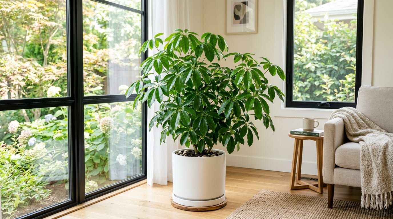 Schefflera arboricola arbre ombrelle en pot blanc dans un salon lumineux